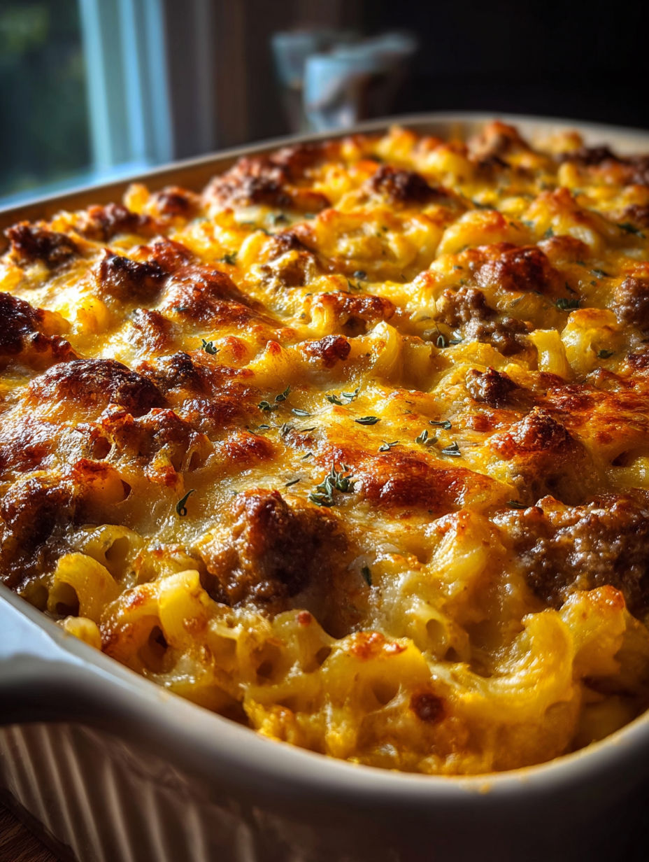 Plat gratiné garni de viande et fromage.