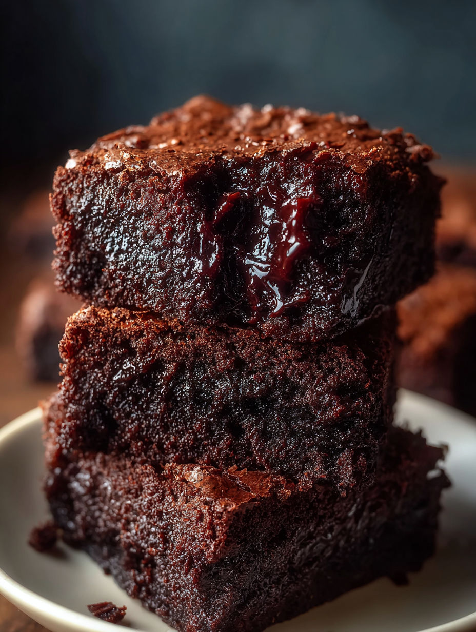 Une pile de brownies avec un glaçage au chocolat.
