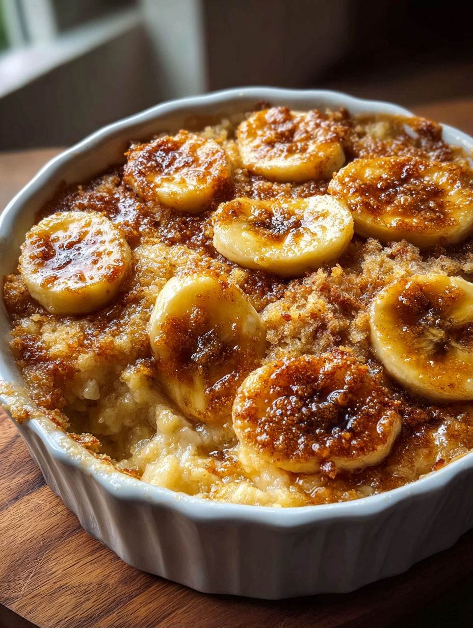 Gros plan sur un cobbler banane avec des morceaux de banane et une croûte sablée.