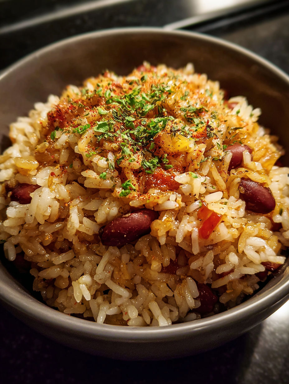 Un bol de riz aux haricots et épices.