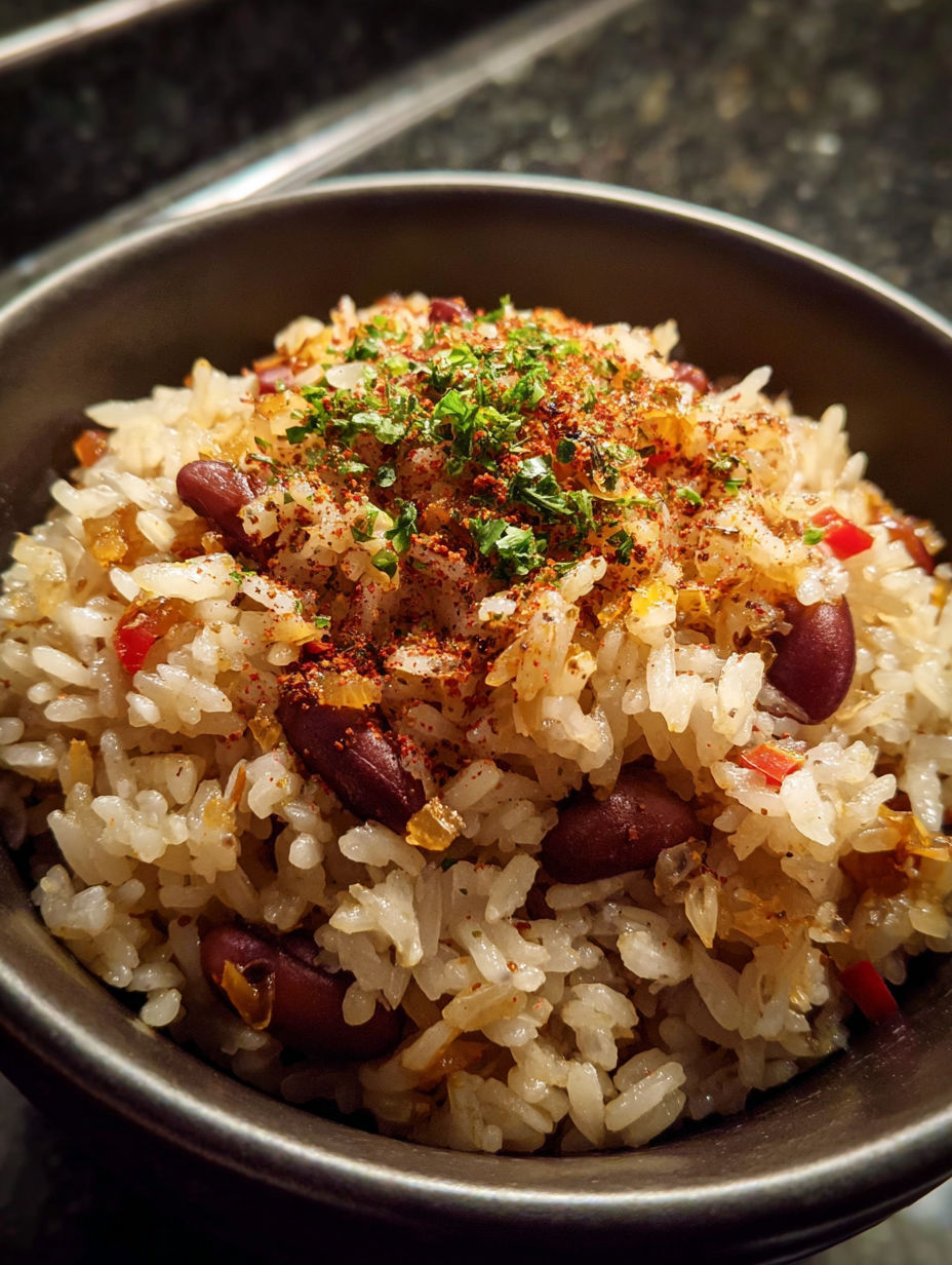 Un bol de riz aux haricots et épices.
