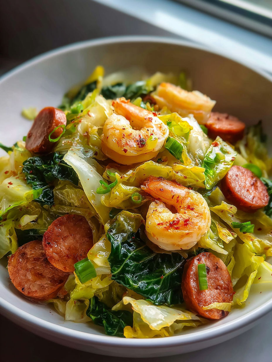 Un bol avec crevettes, saucisse et chou.