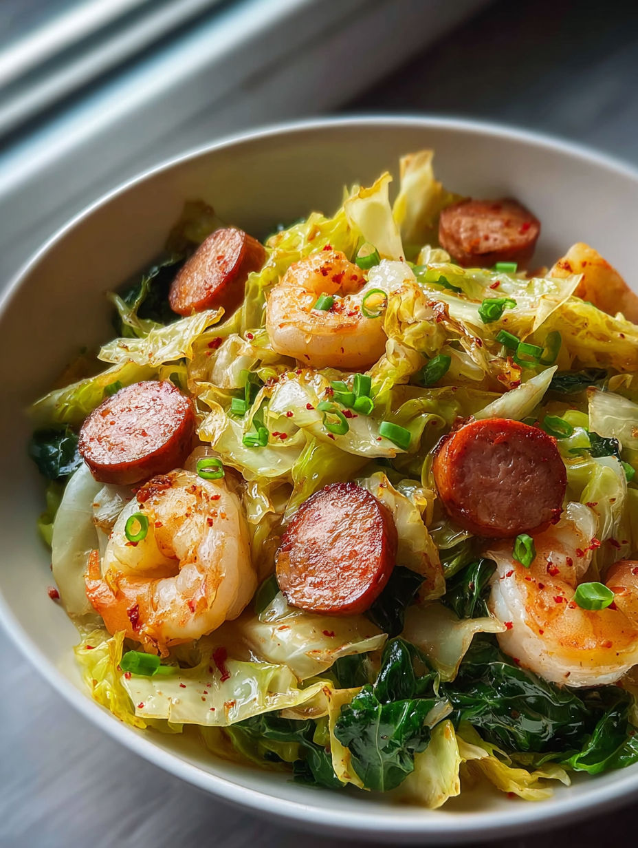 Un bol avec crevettes, saucisse et chou.