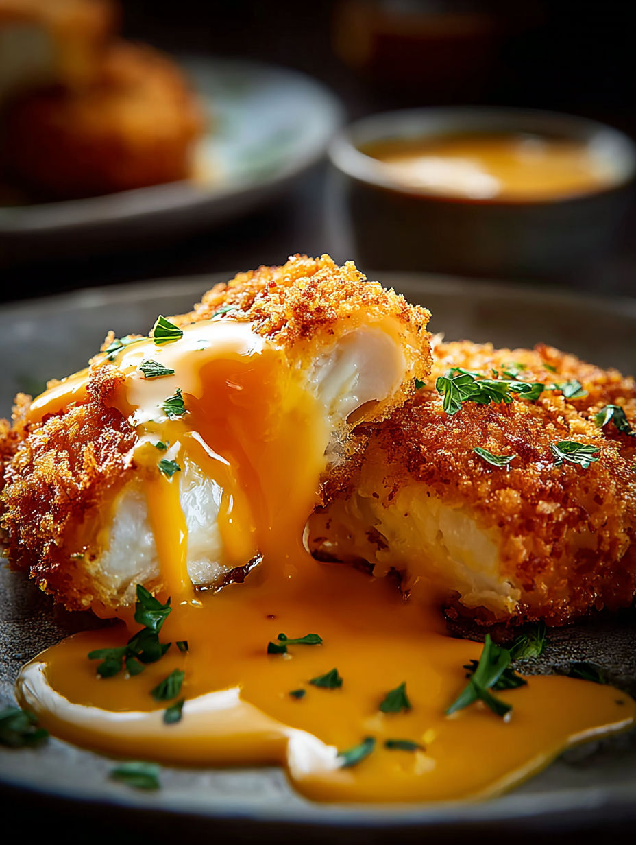 Un morceau de poulet cheddar croustillant avec sauce.