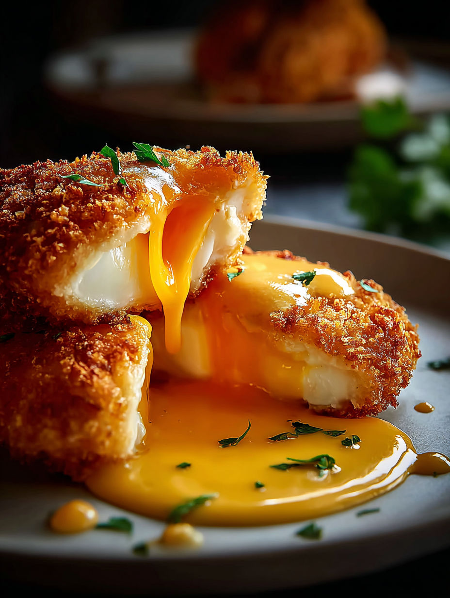Un morceau de poulet cheddar croustillant avec un jaune d'œuf.