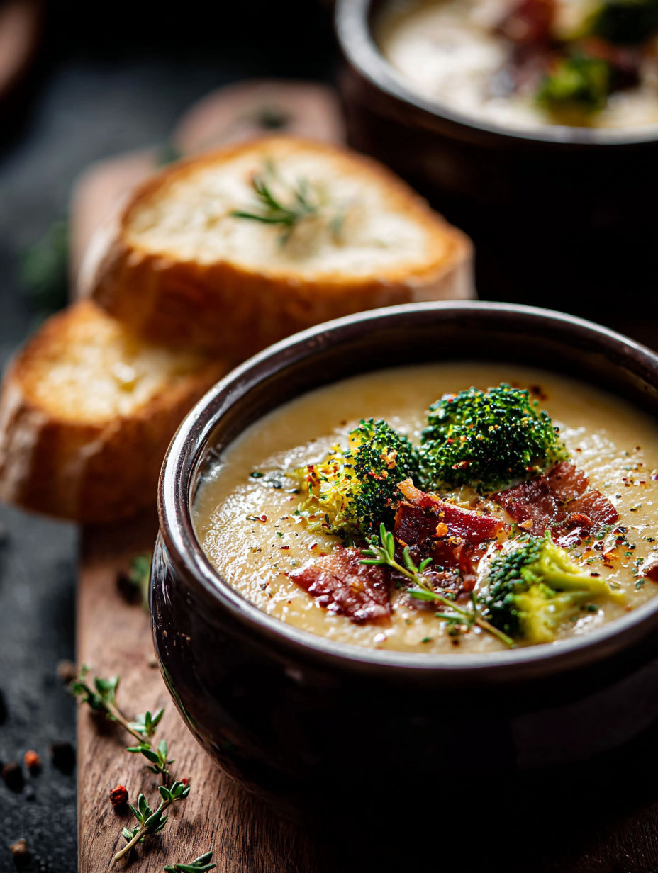 Un bol de soupe brocoli cheddar avec un bout de pain à côté.