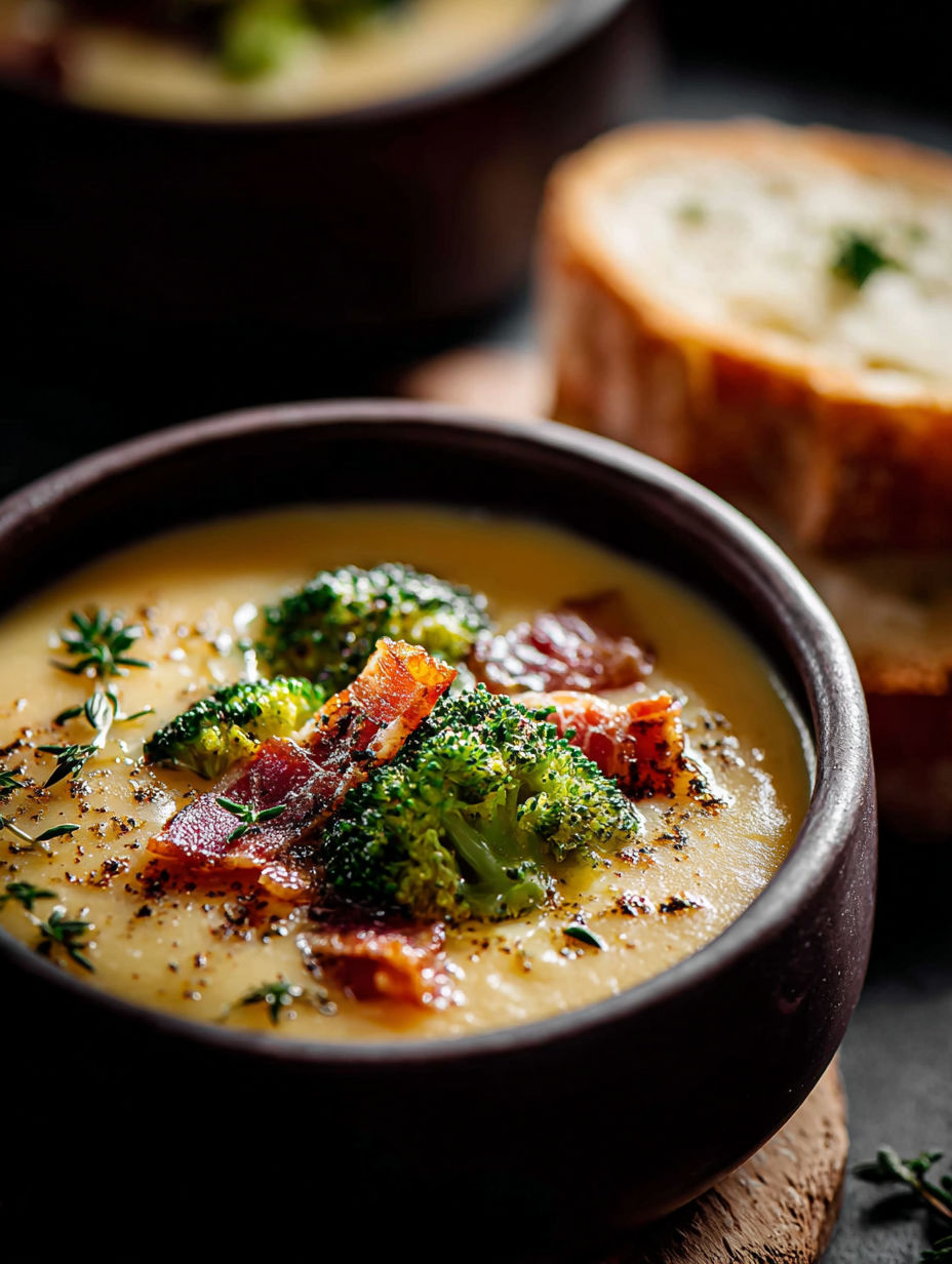 Un bol de soupe au cheddar et brocoli avec une tranche de pain à côté.