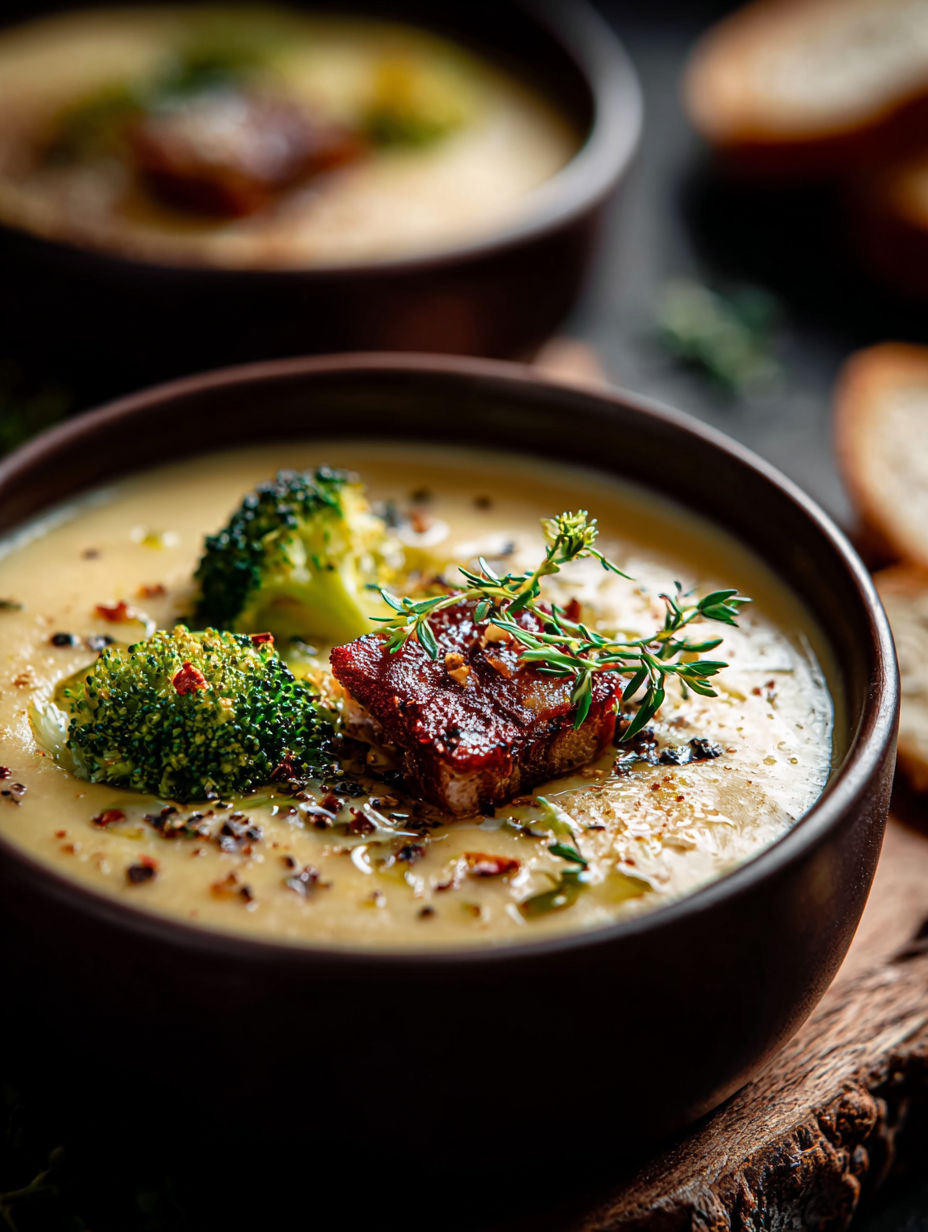 Un bol de soupe cheddar brocoli avec une branche de thym dessus.