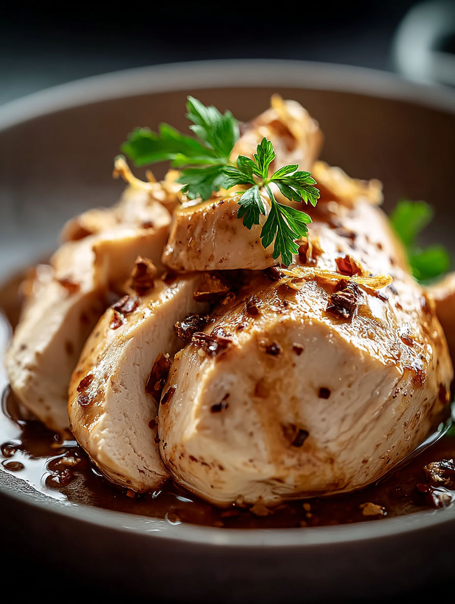 Une assiette de poulet avec une garniture verte.