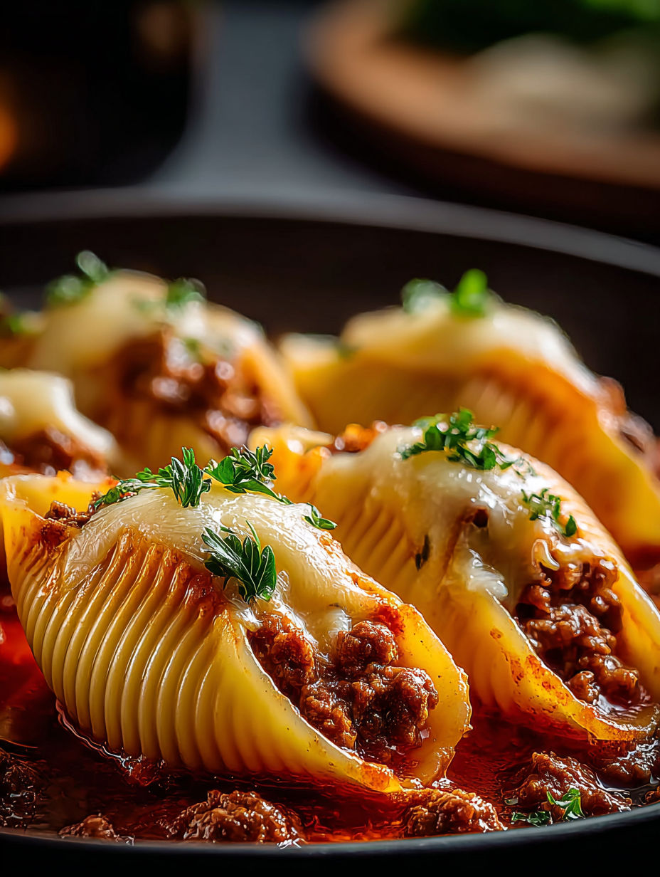 Un plat de pâtes avec un gros plan sur des coquilles farcies.