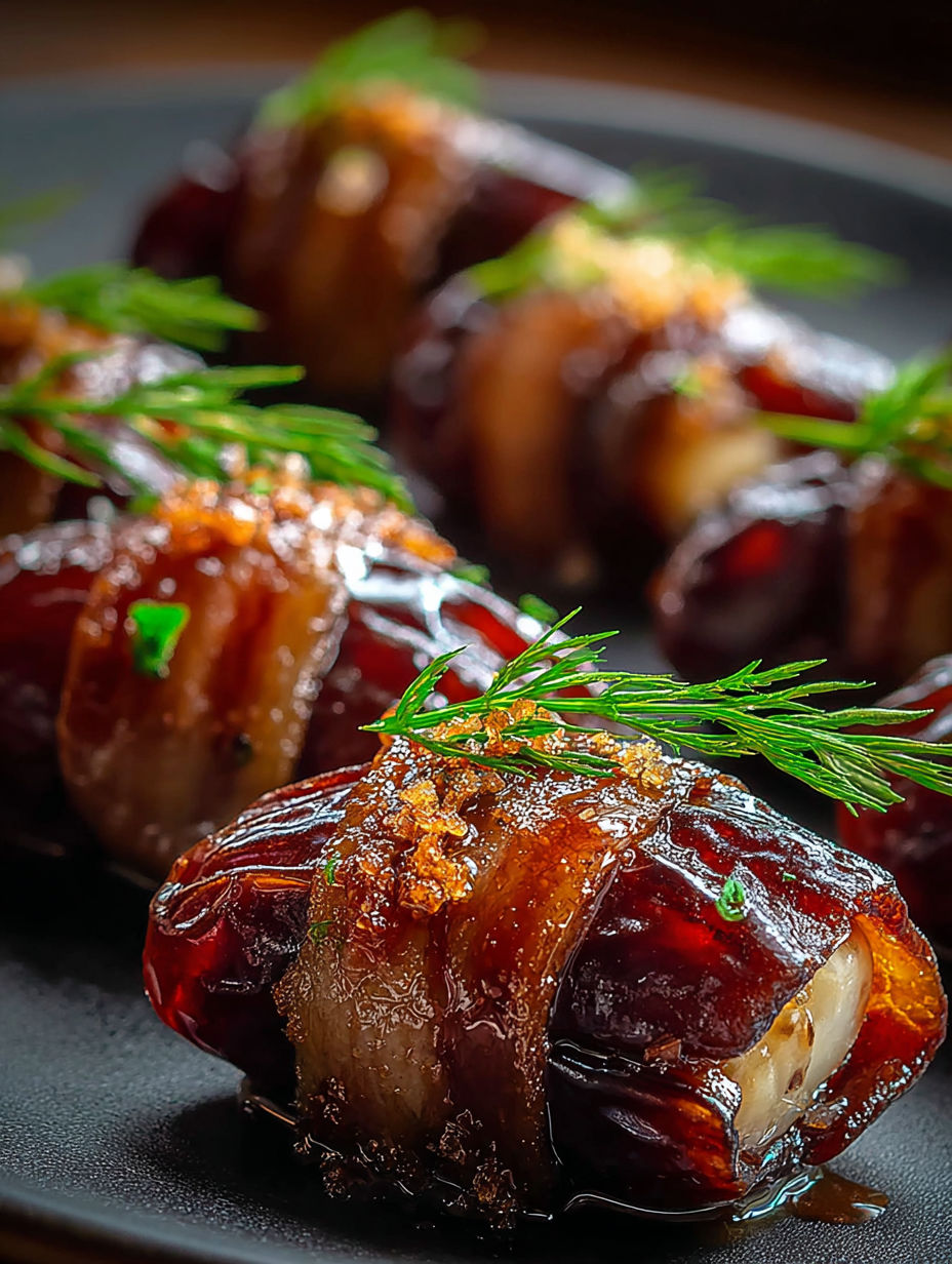 Dattes enrobées de boeuf présentées sur une assiette.