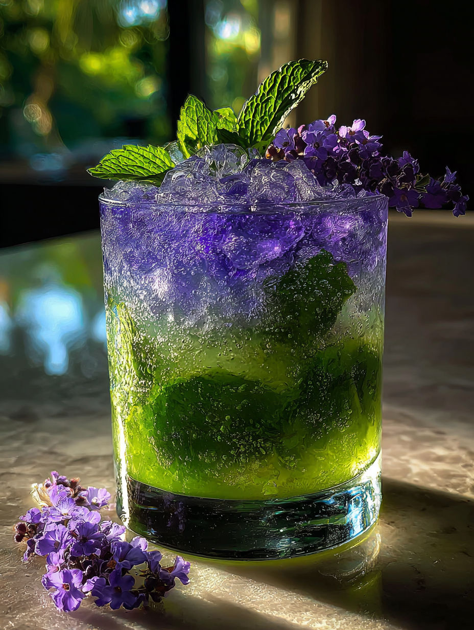 Un verre de boisson violette avec des feuilles de menthe.