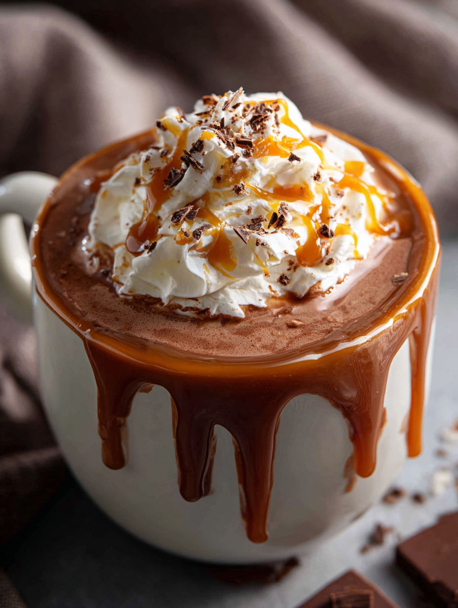 Une tasse de chocolat chaud au caramel salé.