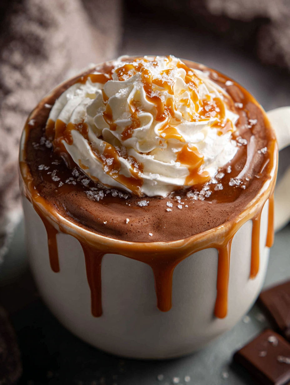 Une tasse de chocolat chaud au caramel salé.