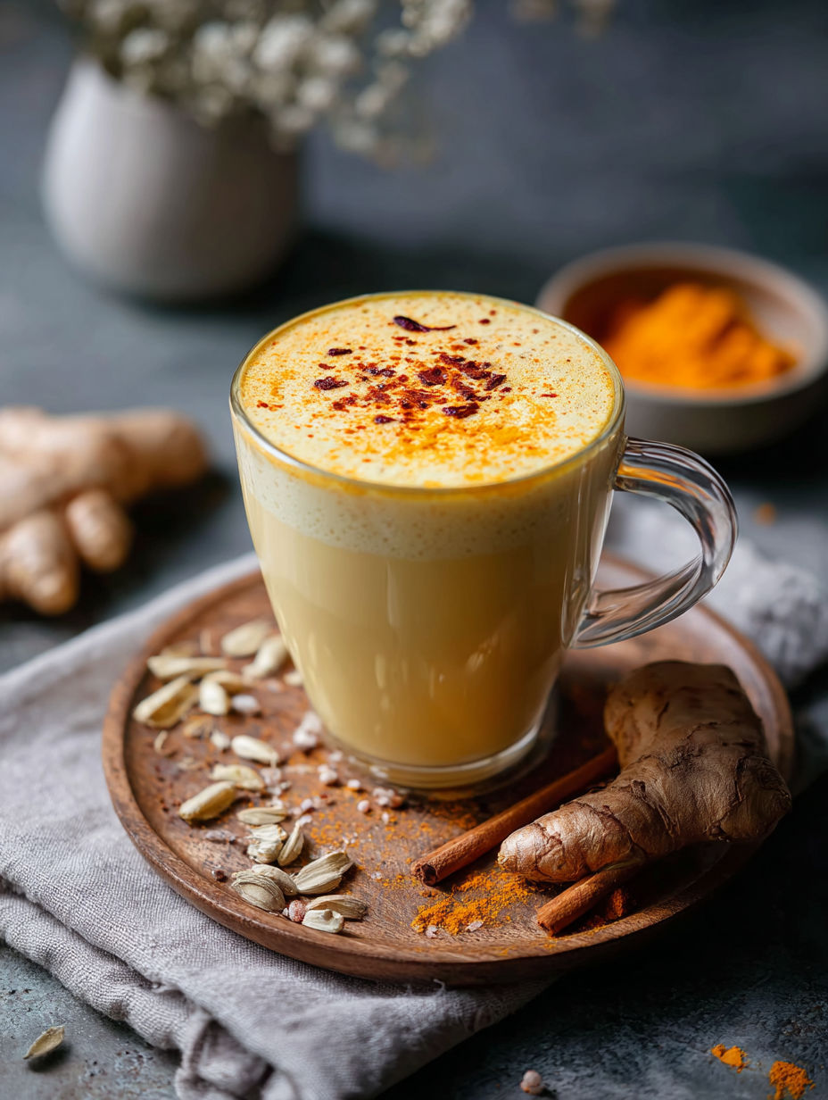 Une tasse de lait doré crémeux au curcuma.