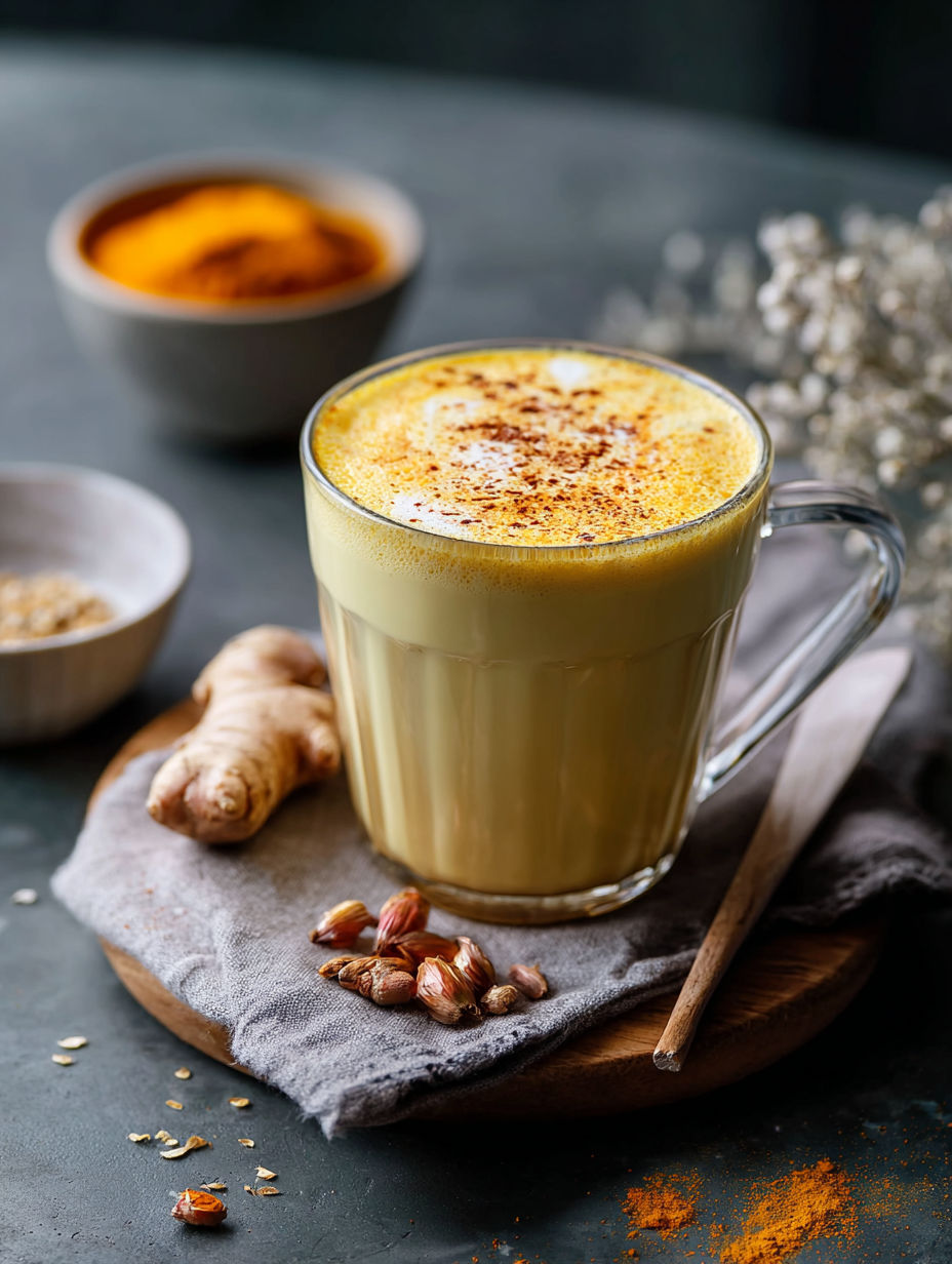 Un verre de lait doré et crémeux au curcuma.