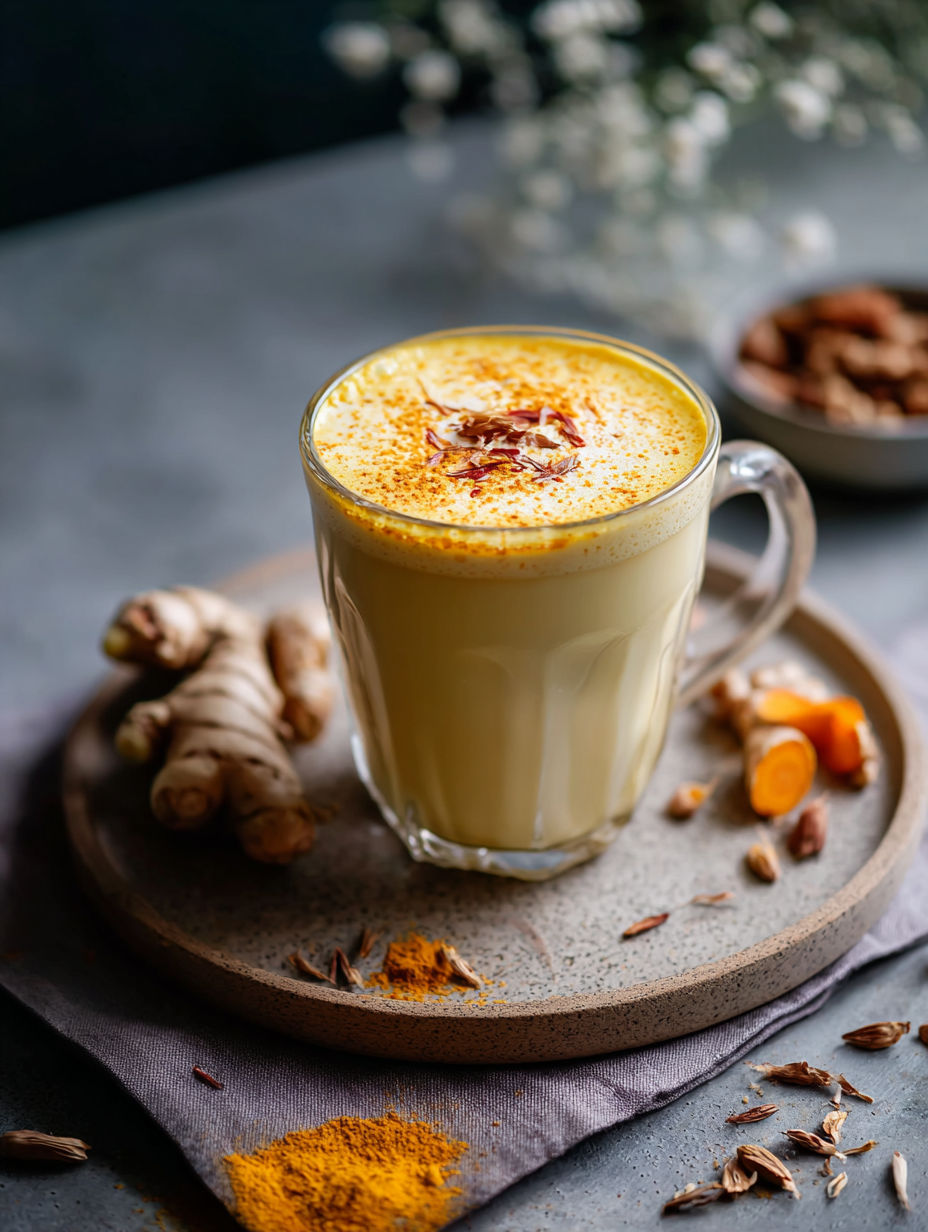Un verre de lait doré et crémeux au curcuma.