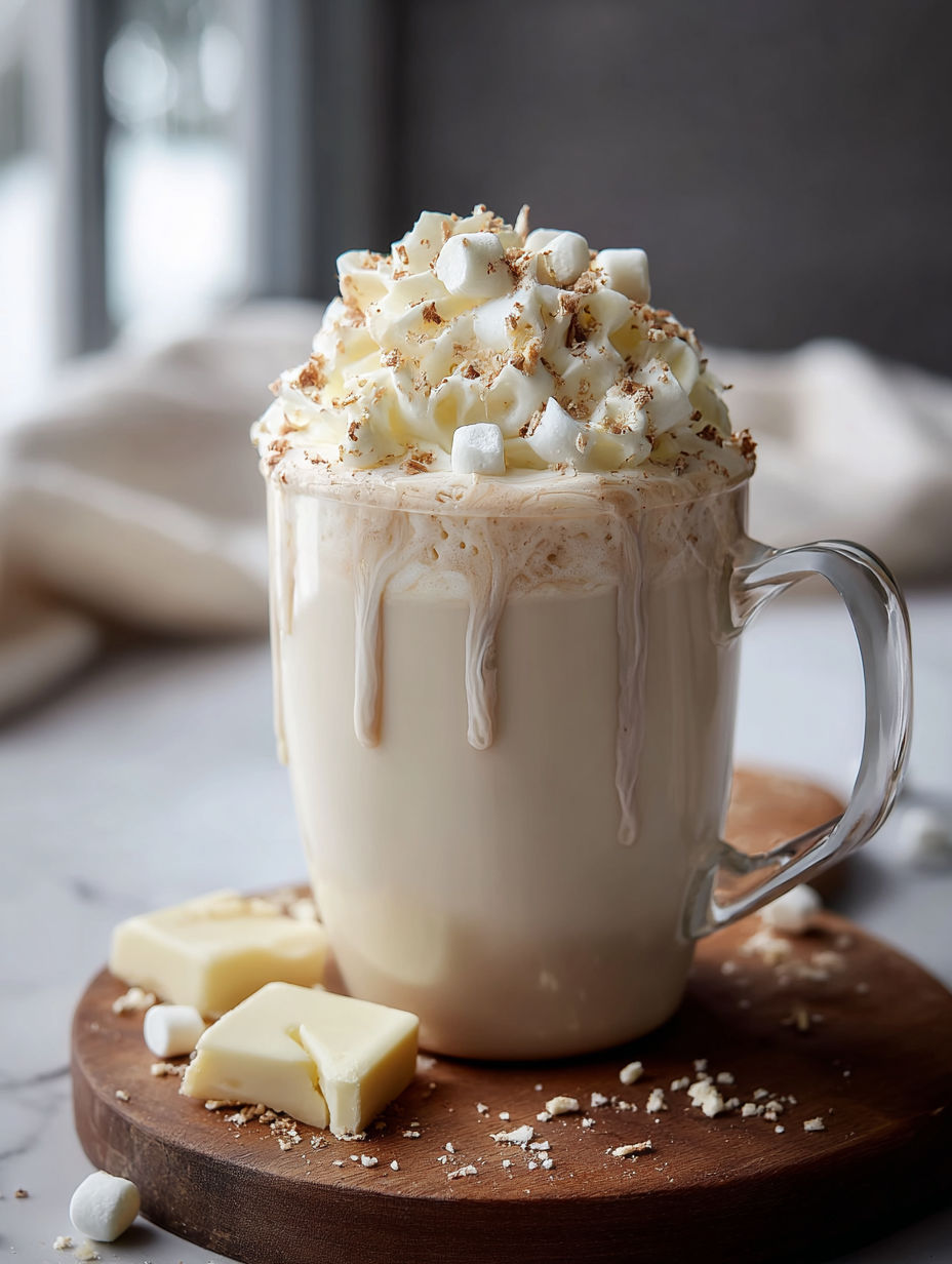 Une tasse de chocolat blanc chaud avec des guimauves.