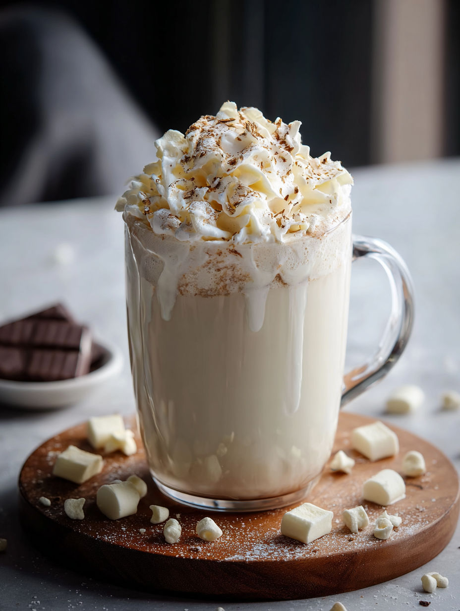 Une tasse de chocolat chaud blanc surmontée de crème fouettée.