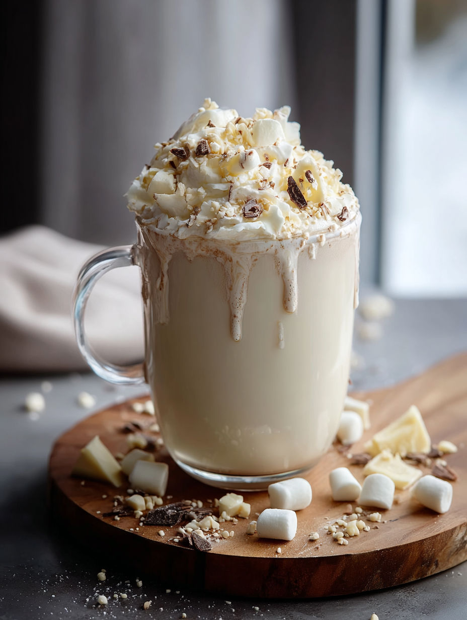 Un verre de chocolat chaud blanc garni de guimauves.