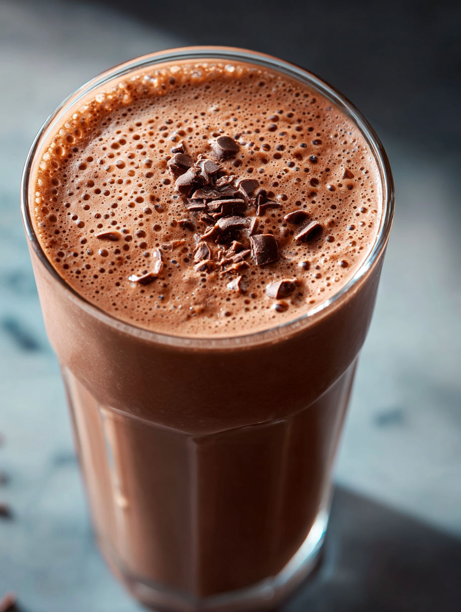 Un verre de smoothie protéiné au chocolat avec des pépites de chocolat sur le dessus.
