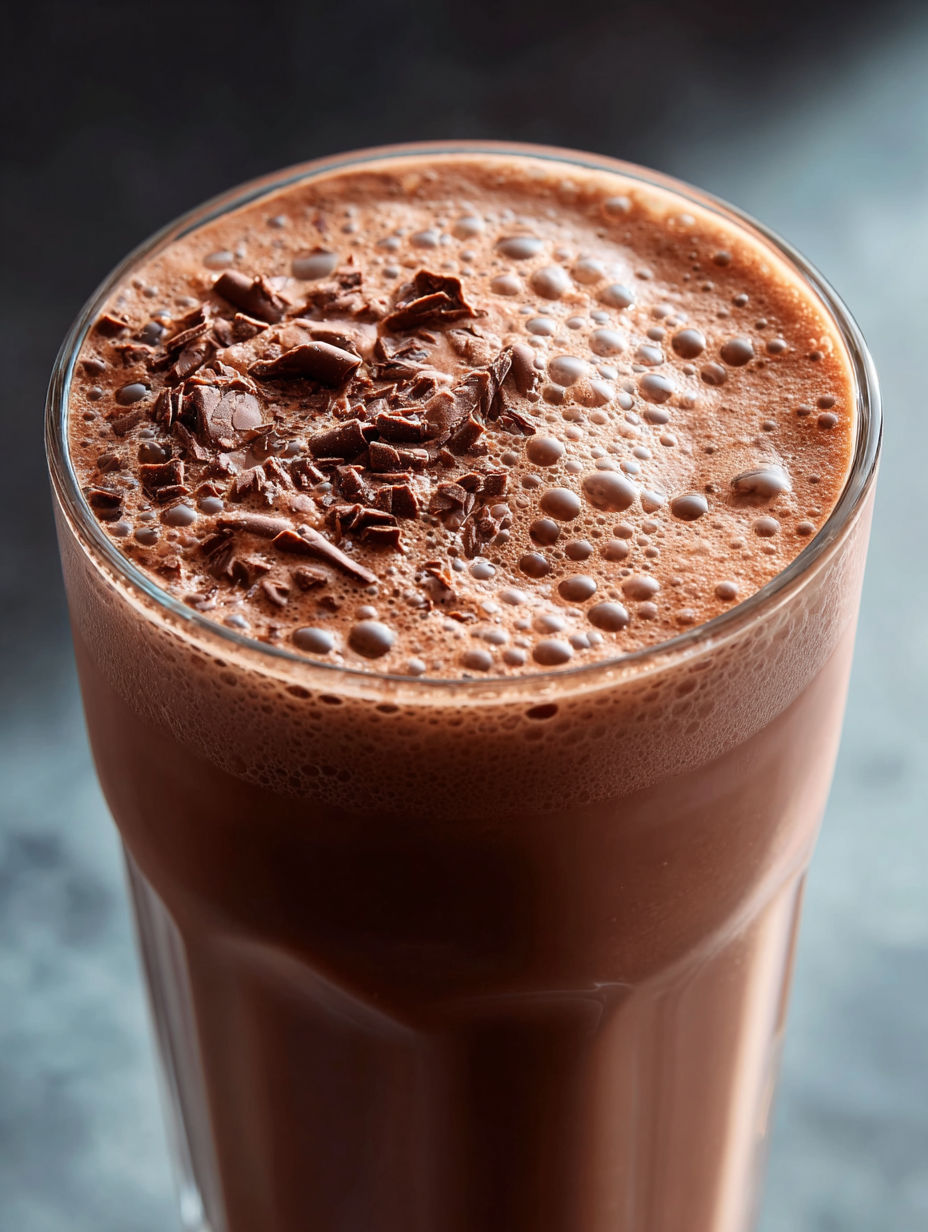 Un verre de smoothie protéiné au chocolat avec des pépites de chocolat sur le dessus.