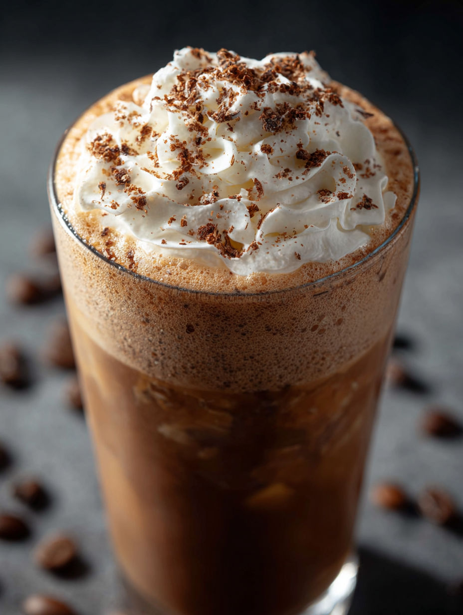 Un verre de café glacé avec chantilly dessus.