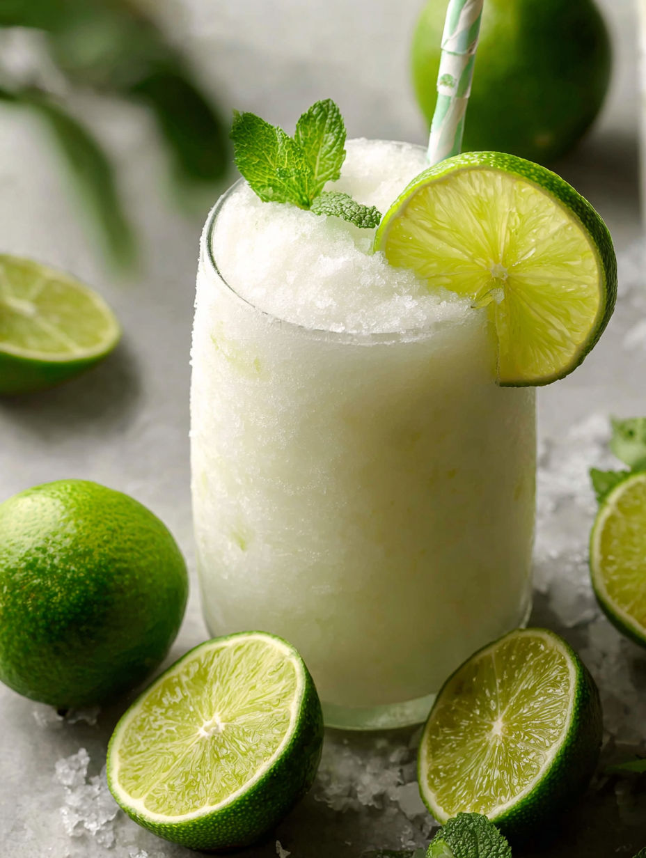 Un verre de limeade coco avec une tranche de citron vert sur le dessus.