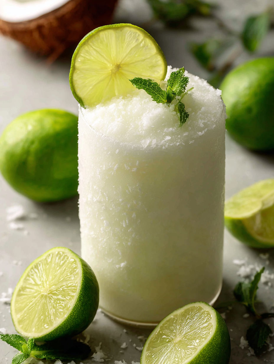 Un verre de limeade coco avec des tranches de citron vert sur le côté.