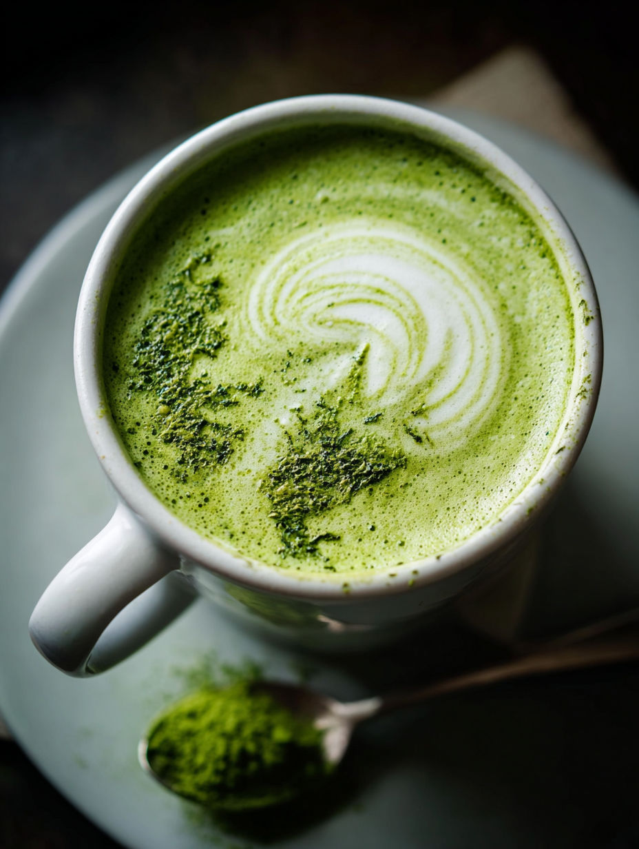 Une tasse de latte au thé vert avec feuilles de thé vert dedans.