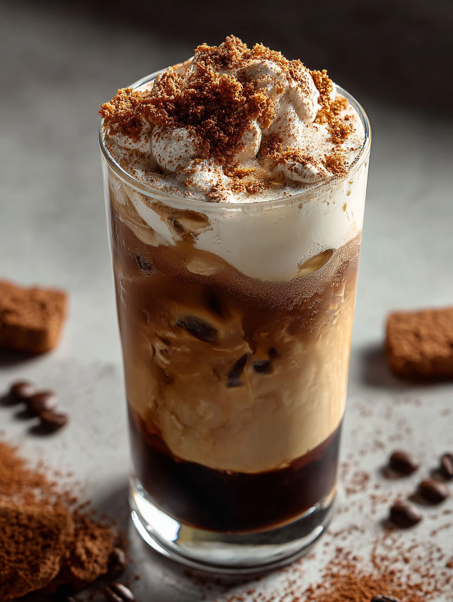 Un verre de café glacé avec une touche de poudre de cacao dessus.