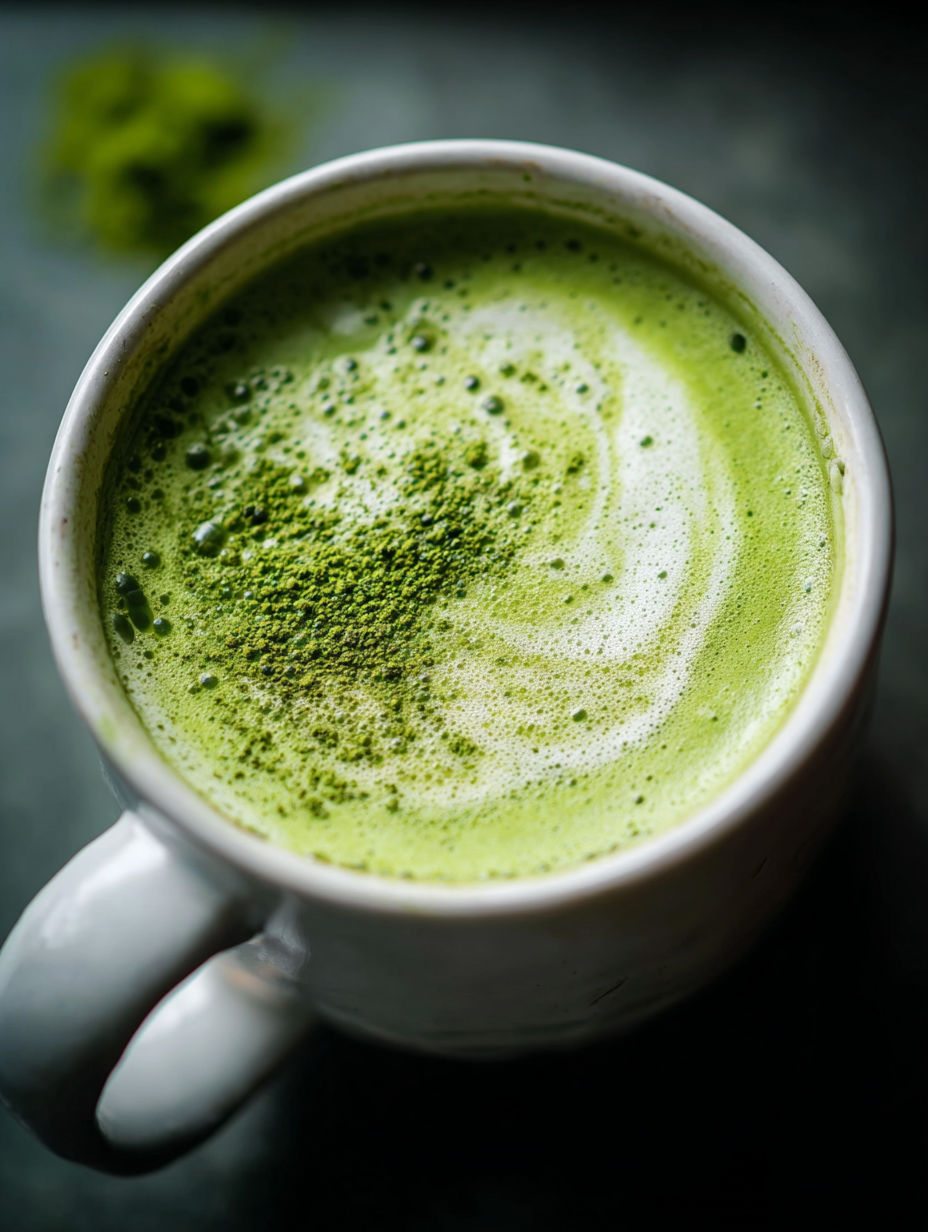 Une tasse de latte au thé vert avec une feuille de thé vert dedans.