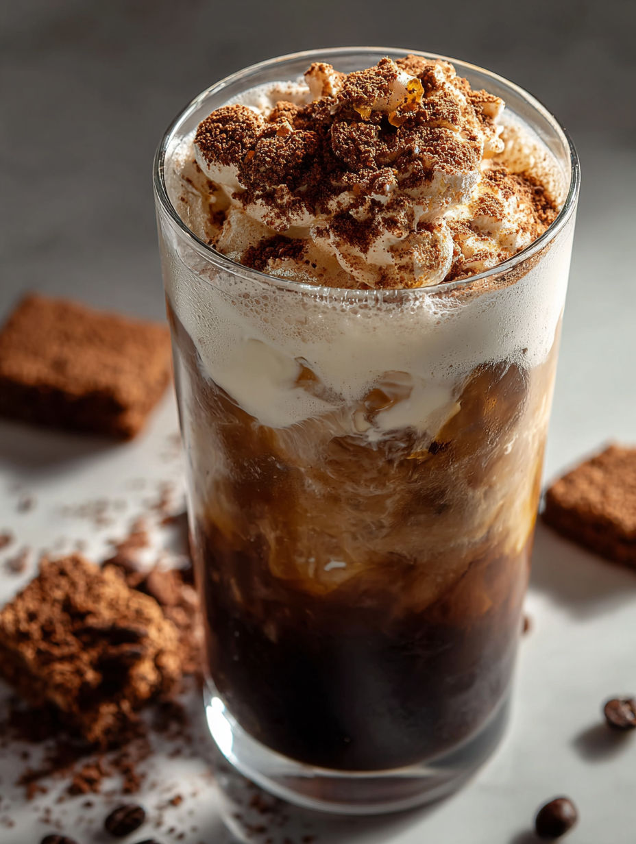 Un verre de café glacé à côté d’une part de gâteau au chocolat.