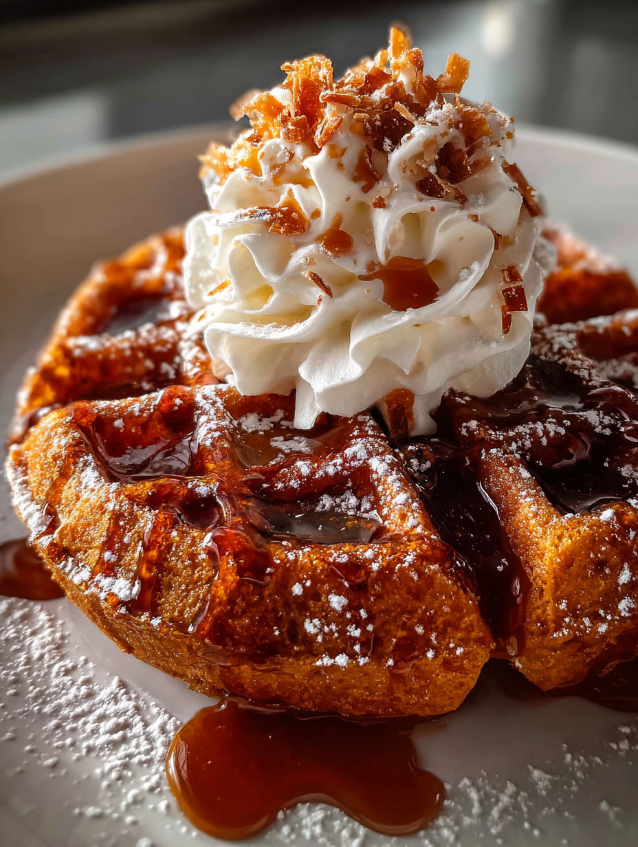 Une assiette de gaufres moelleuses au pain d'épices avec de la crème chantilly dessus.