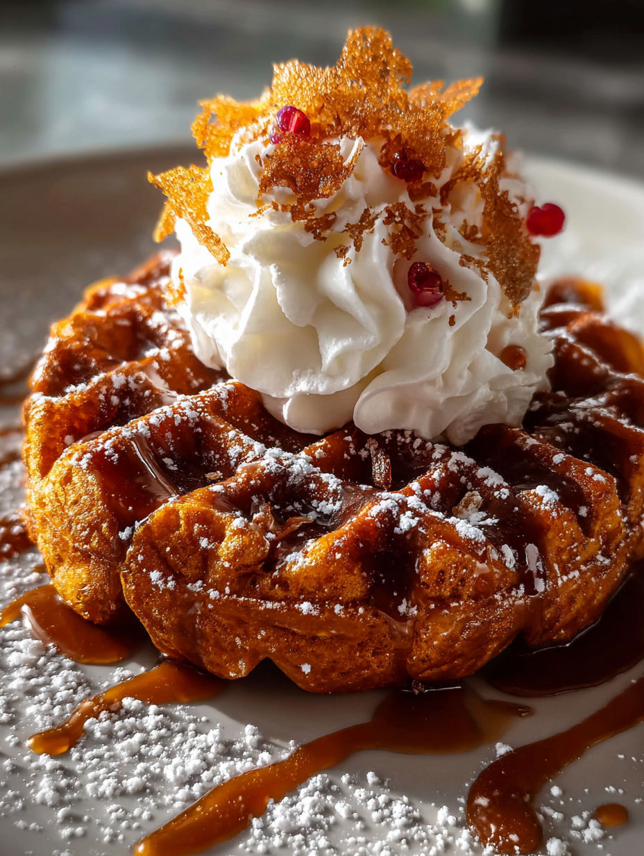 Gaufres au pain d'épices bien moelleuses avec de la crème chantilly.