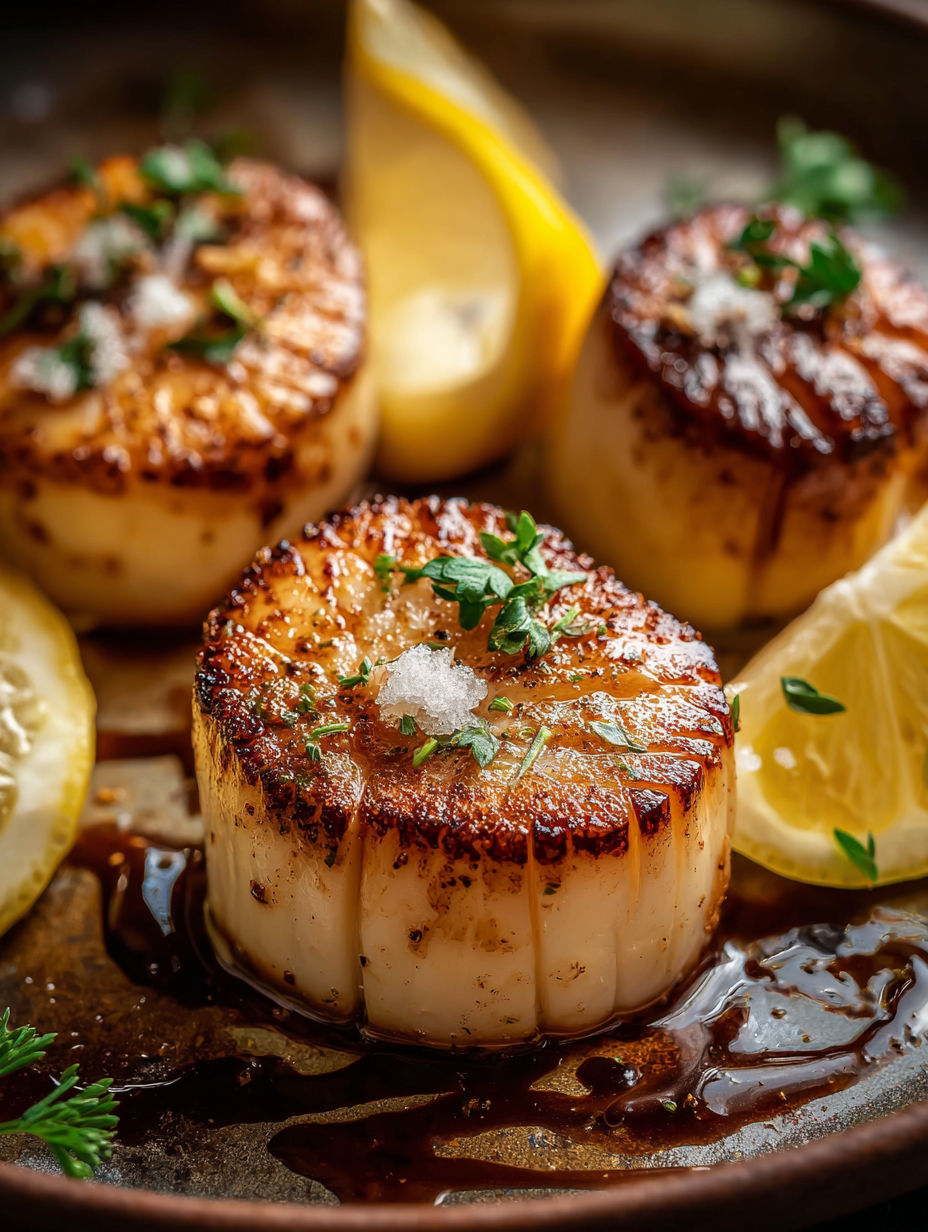 Noix de Saint-Jacques dorées avec sauce beurre citron.