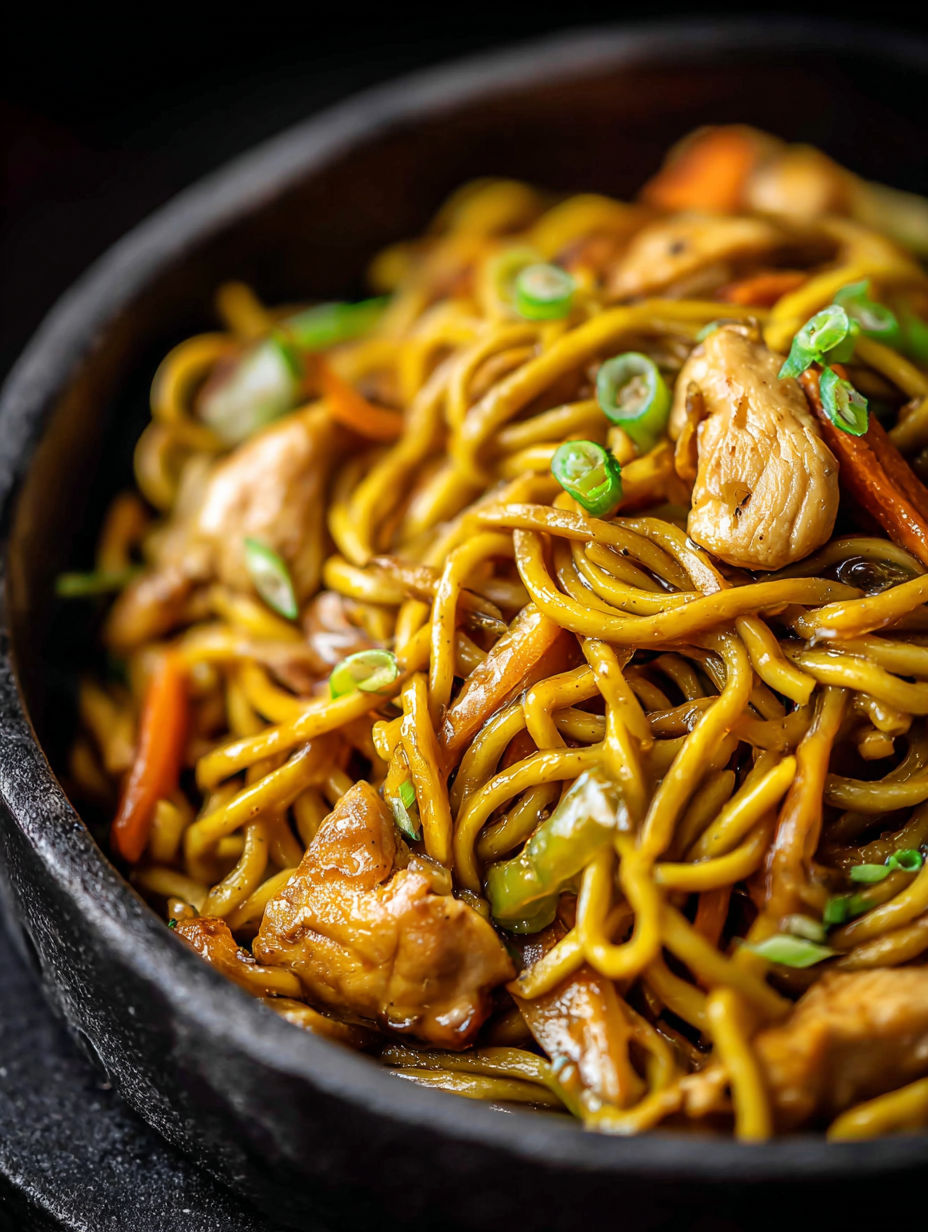 Un bol de nouilles lo mein avec du poulet et des légumes.