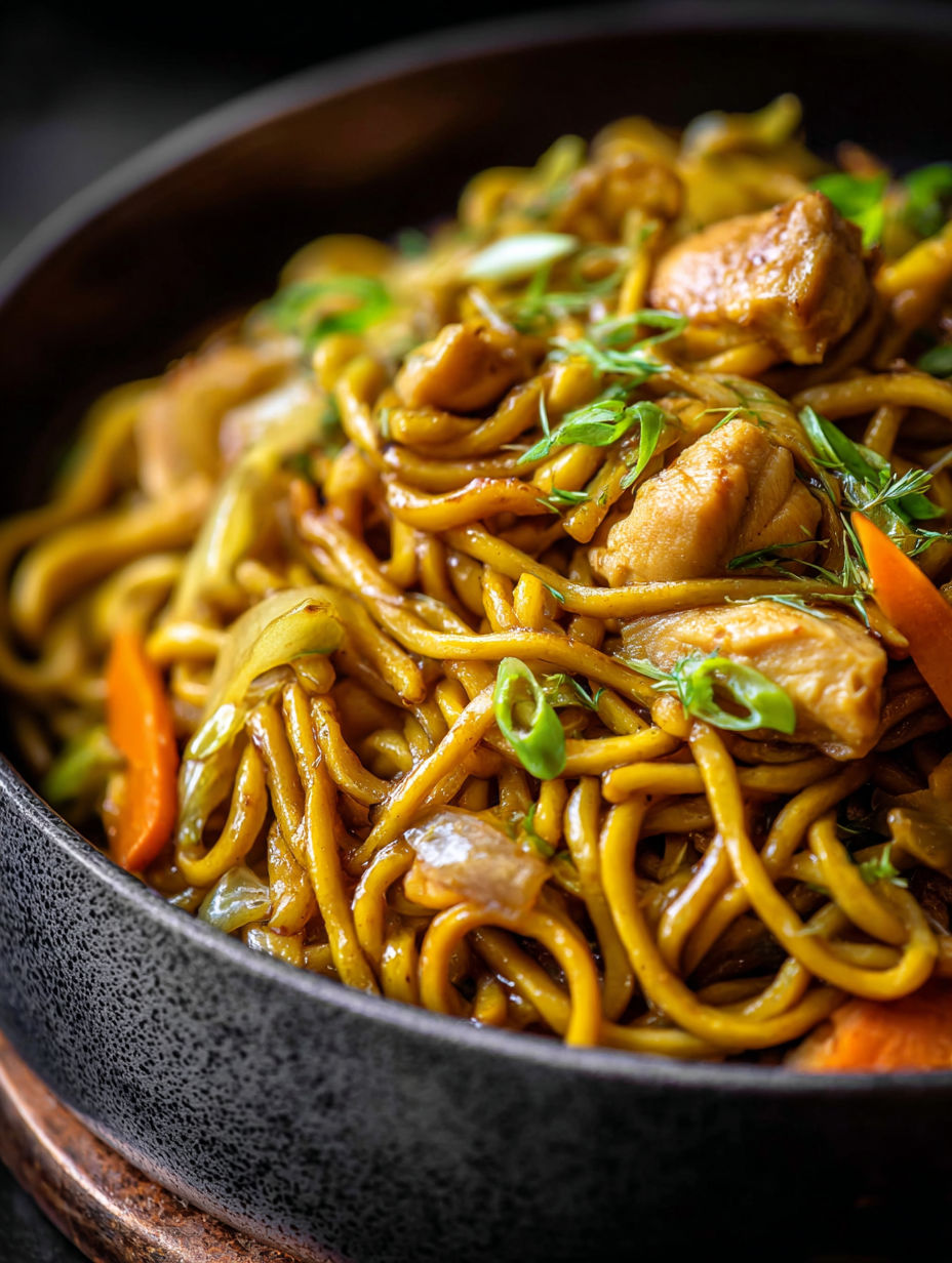 Un bol de nouilles lo mein avec du poulet et des légumes.