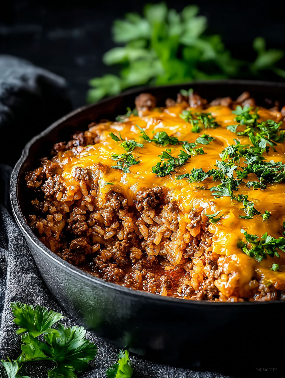 Un gratin de riz au hamburger et fromage dans une poêle noire.