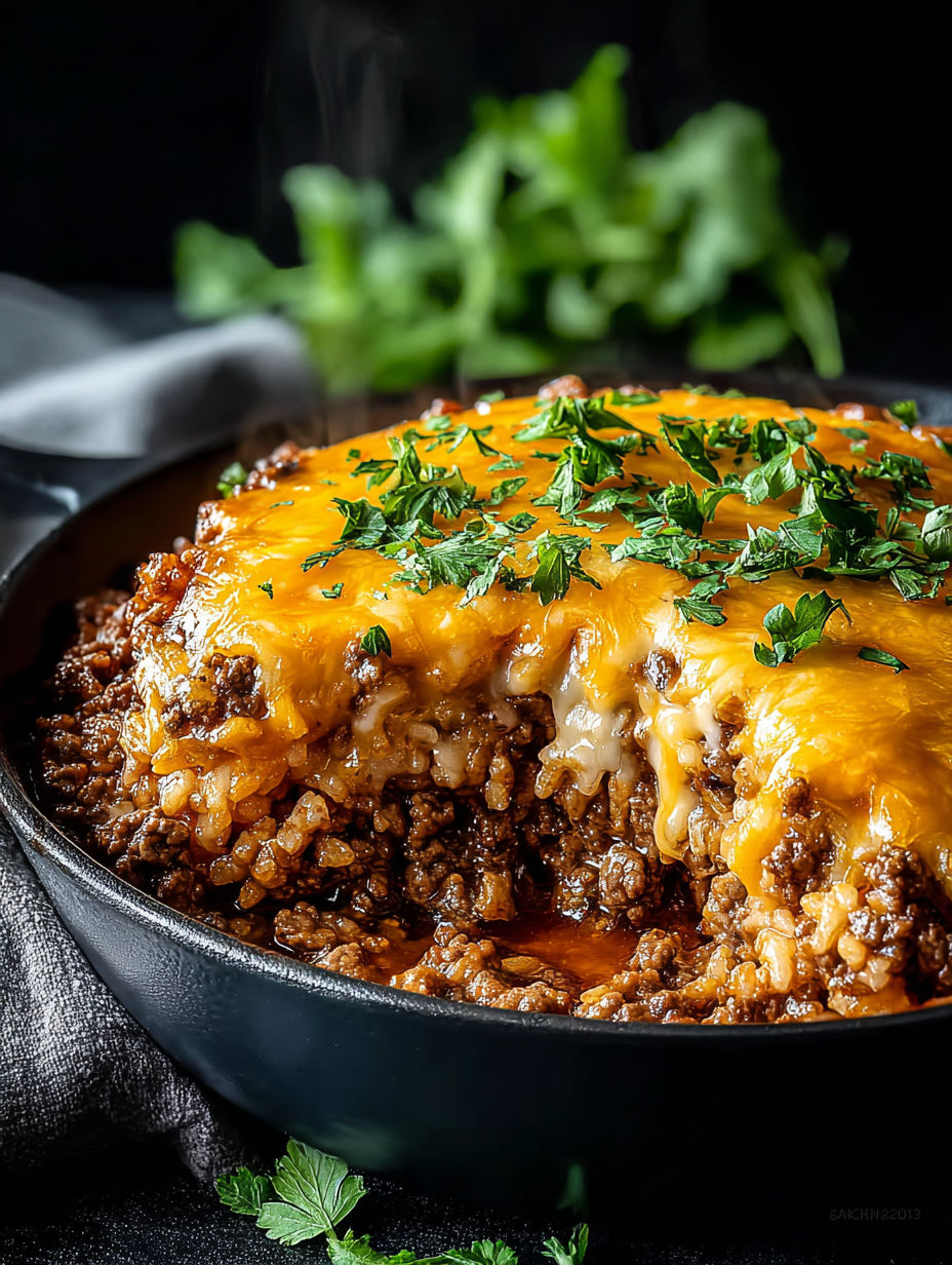 Gratin de riz au hamburger et fromage garni de ciboulettes.