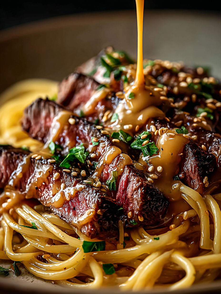 Gros plan sur un steak délicieux au beurre ail avec des nouilles éclairs.