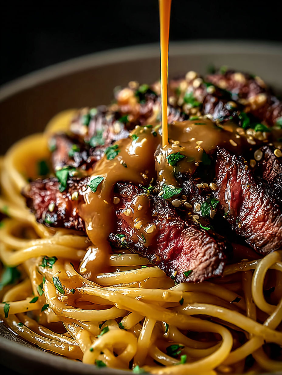 Gros plan sur un morceau de steak avec du beurre à l’ail dessus.