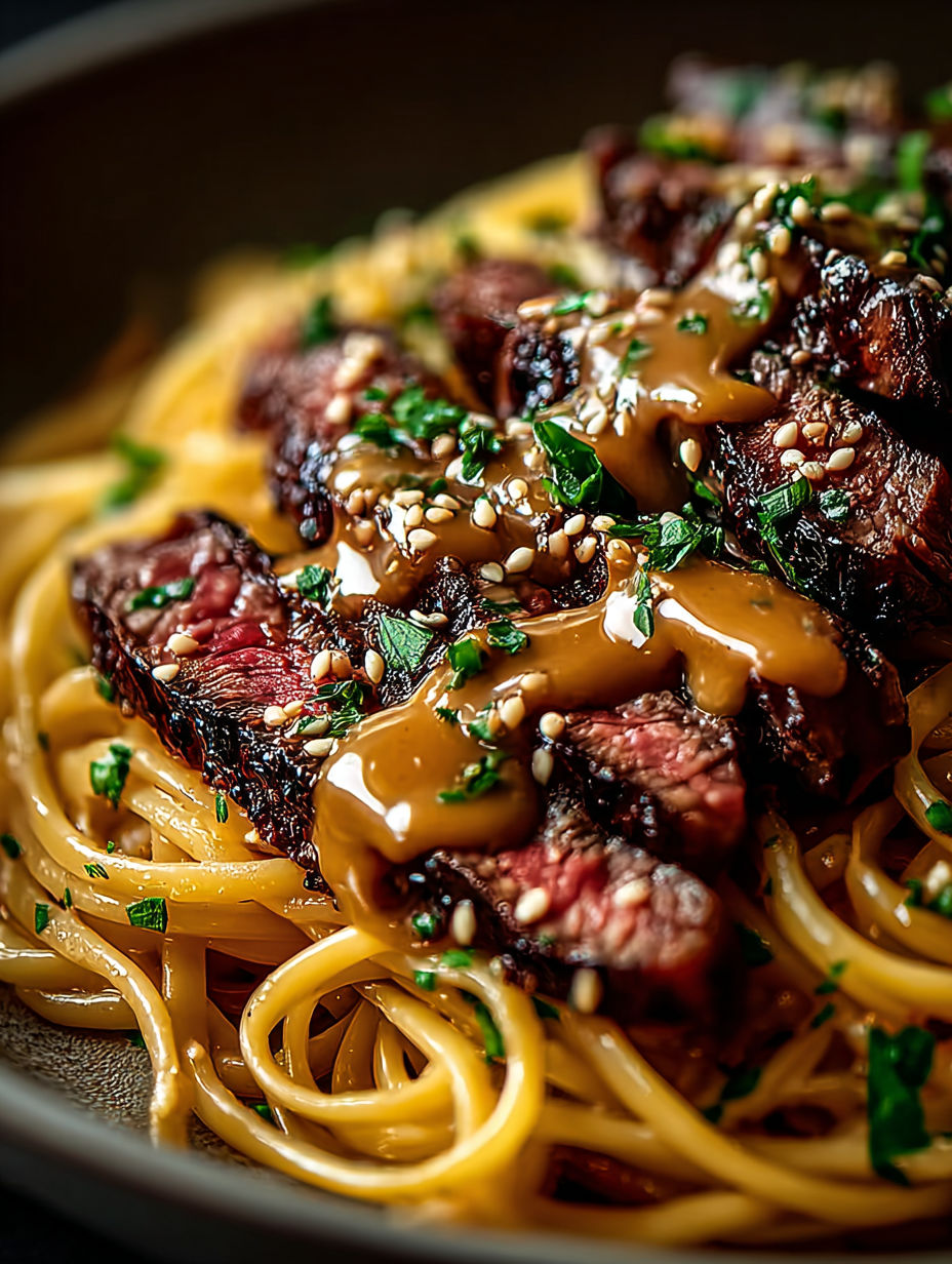 Une assiette de steak avec beurre à l’ail et nouilles éclairs.