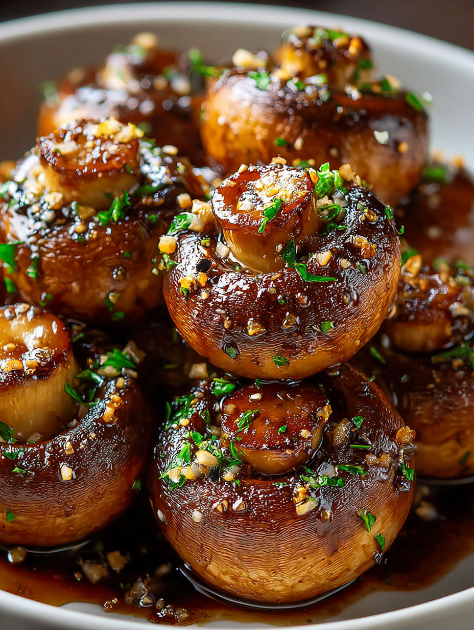 Gros plan sur des champignons au beurre d'ail.