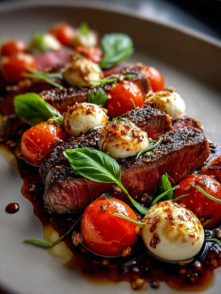 Une bavette grillée avec des tomates et du fromage.