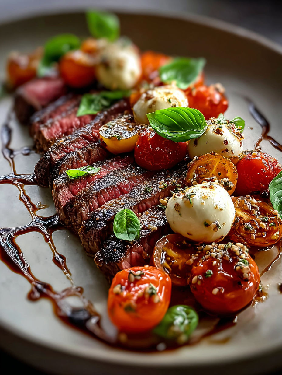 Une bavette grillée avec des tomates et du fromage.