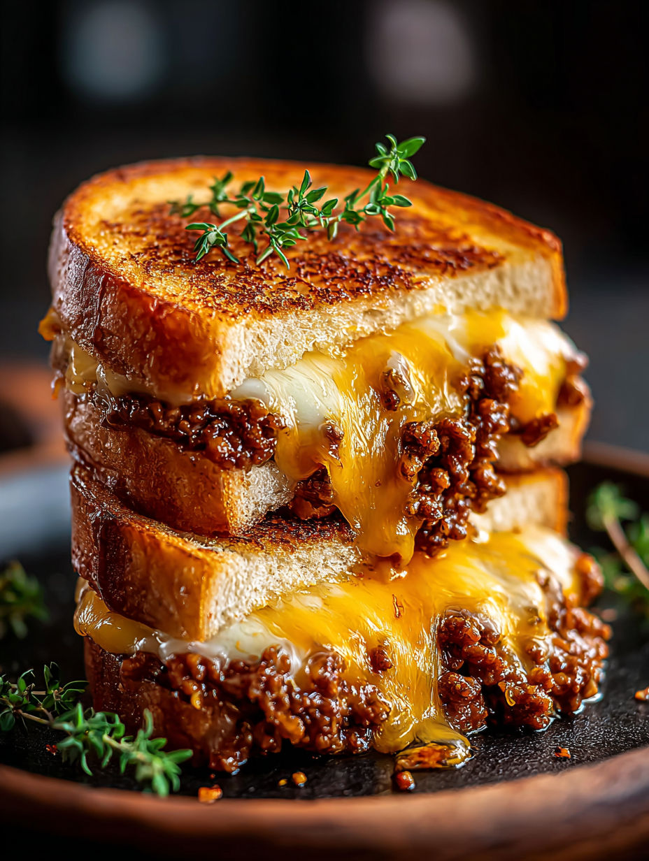 Un sandwich au steak bavette grillé avec fromage et herbes.