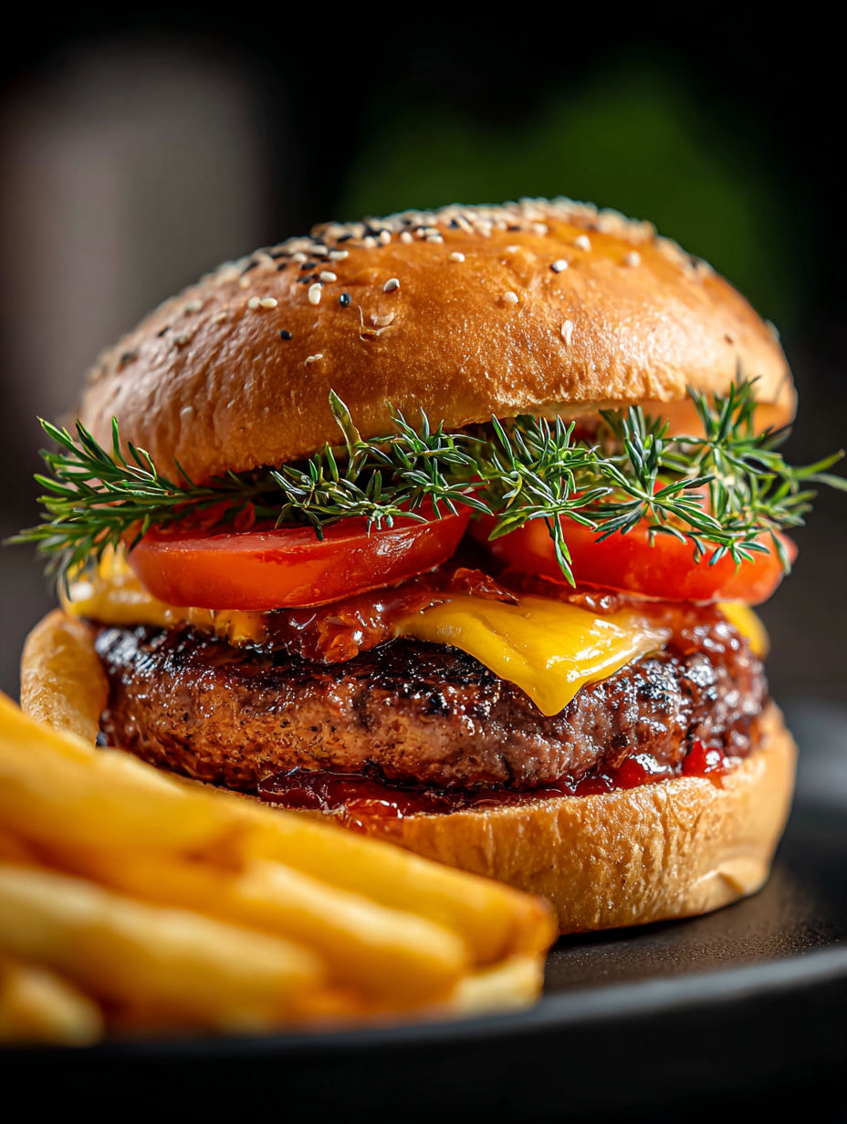 Un burger avec tomates et herbes sur le dessus.