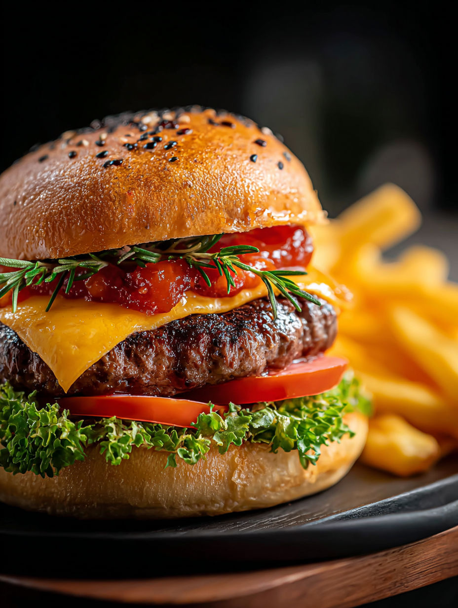 Un burger avec tomates et laitue dans le pain.