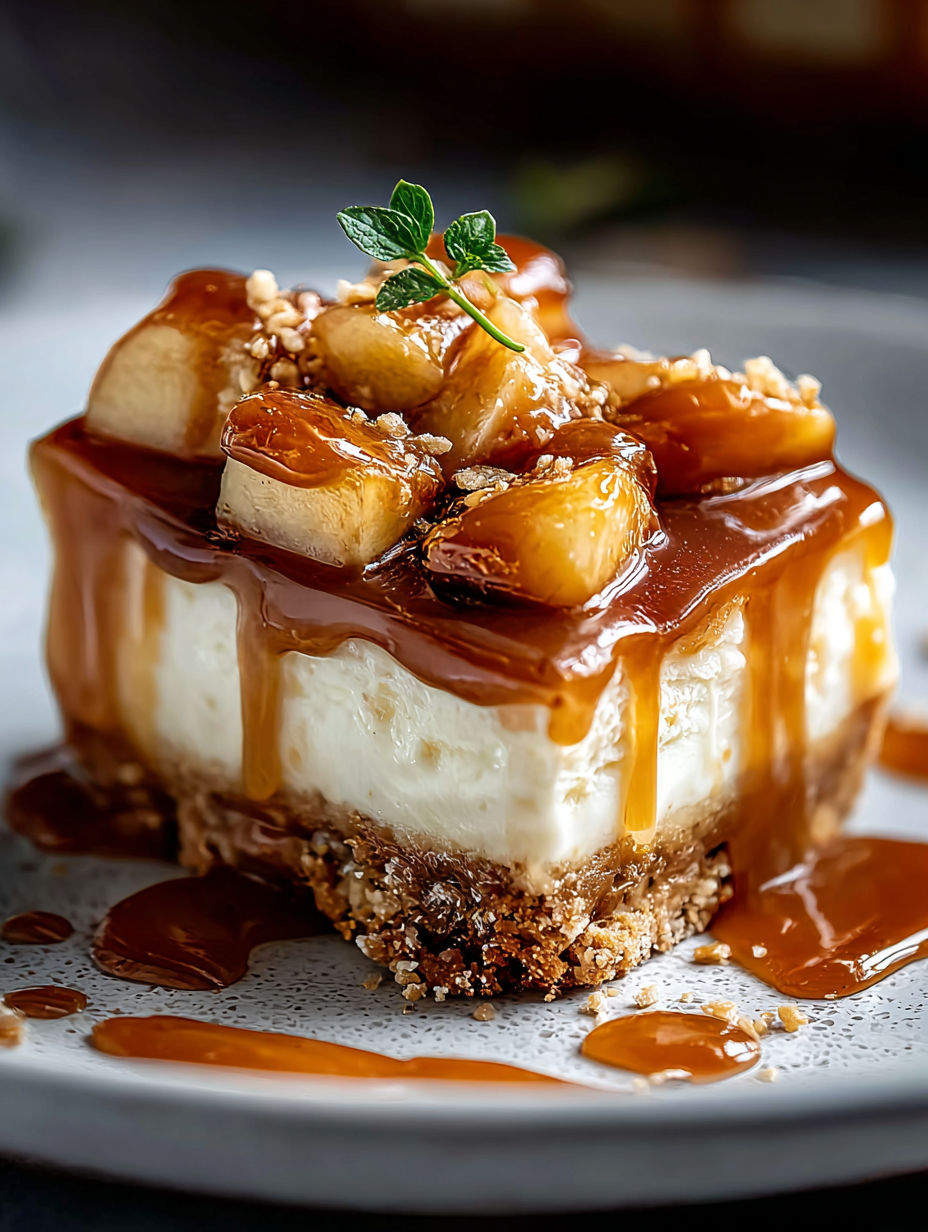 Une part de tarte aux pommes au caramel salé et cheesecake.
